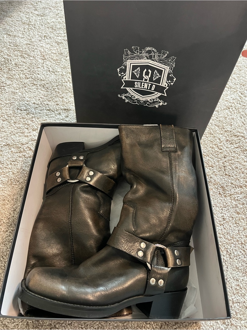 Silent D Black Leather Harness Moto Boots - Women's Combat Style
